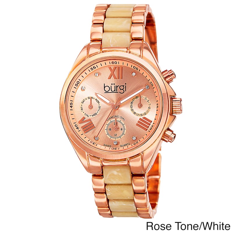 Burgi Women's Swiss Quartz Diamond Multifunction Dual-Time Bracelet Watch - Rose-tone/White
