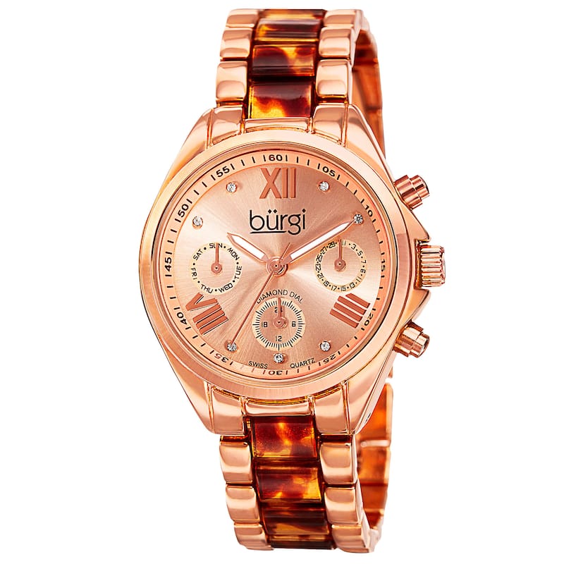 Burgi Women's Swiss Quartz Diamond Multifunction Dual-Time Bracelet Watch