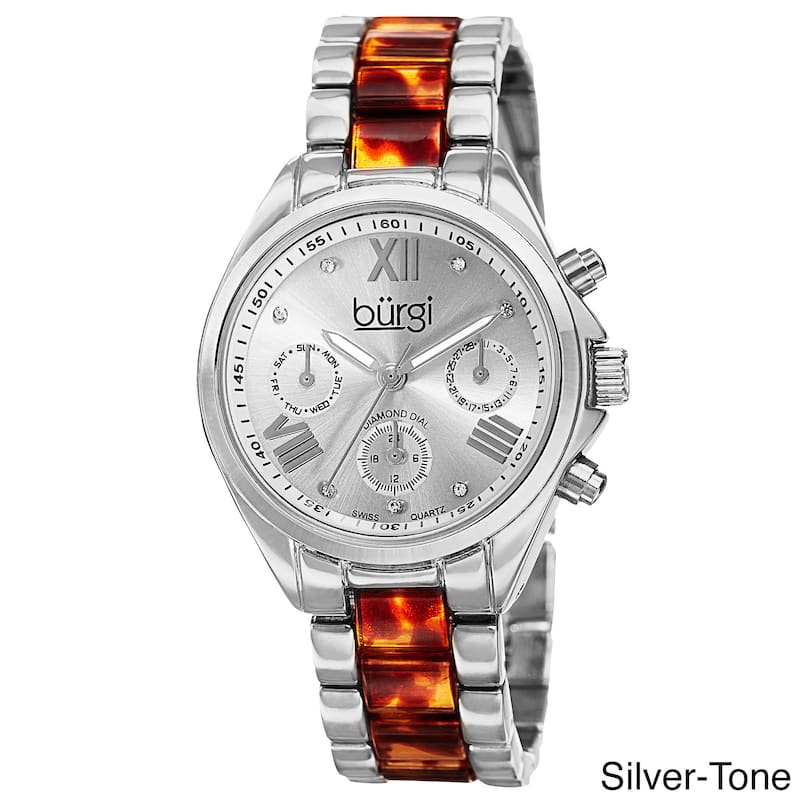 Burgi Women's Swiss Quartz Diamond Multifunction Dual-Time Bracelet Watch - Silver Tone