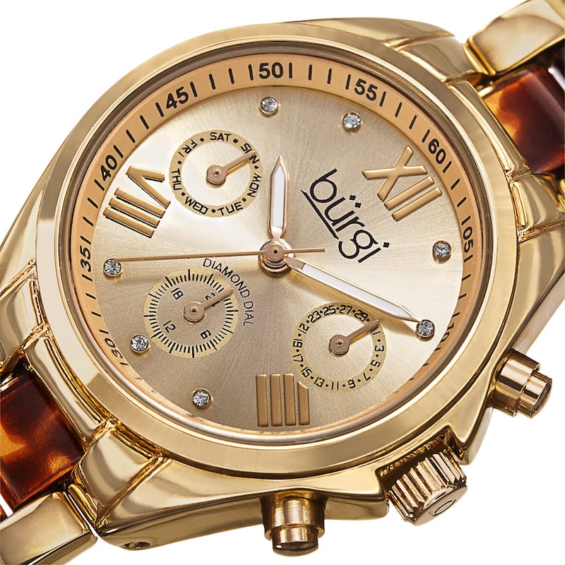 Burgi Women's Swiss Quartz Diamond Multifunction Dual-Time Bracelet Watch