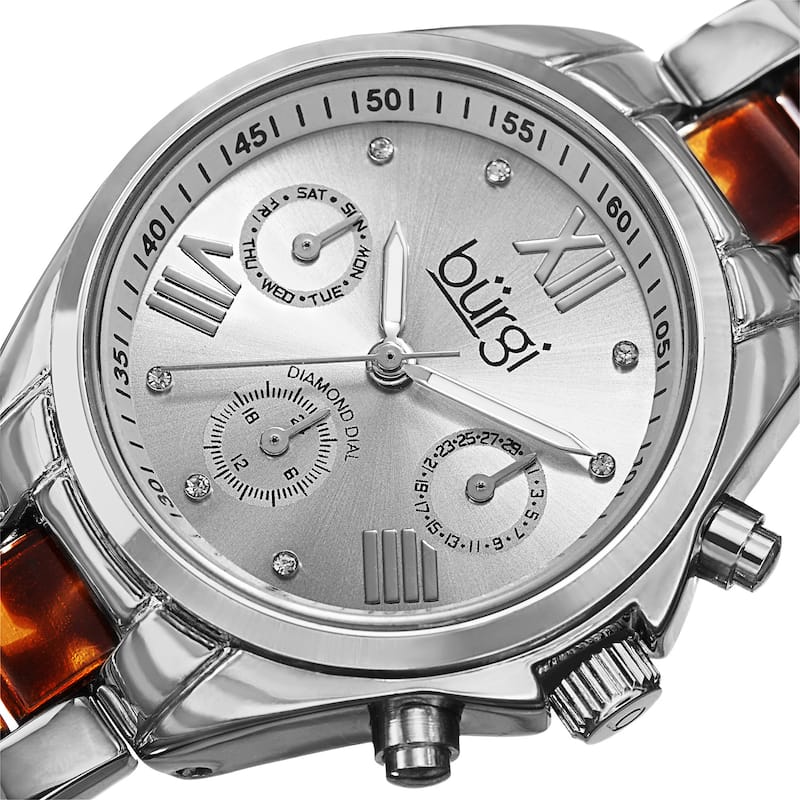 Burgi Women's Swiss Quartz Diamond Multifunction Dual-Time Silver-Tone Bracelet Watch
