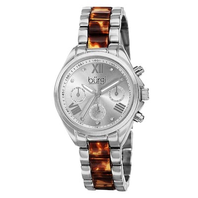 Burgi Women's Swiss Quartz Diamond Multifunction Dual-Time Silver-Tone Bracelet Watch