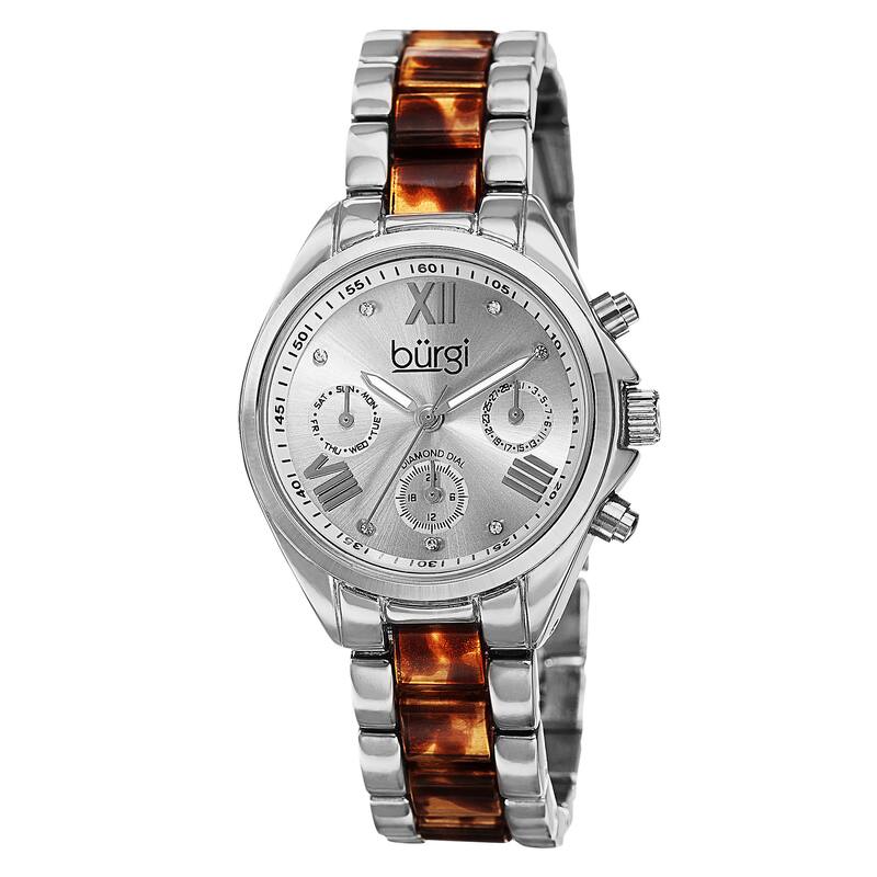 Burgi Women's Swiss Quartz Diamond Multifunction Dual-Time Silver-Tone Bracelet Watch