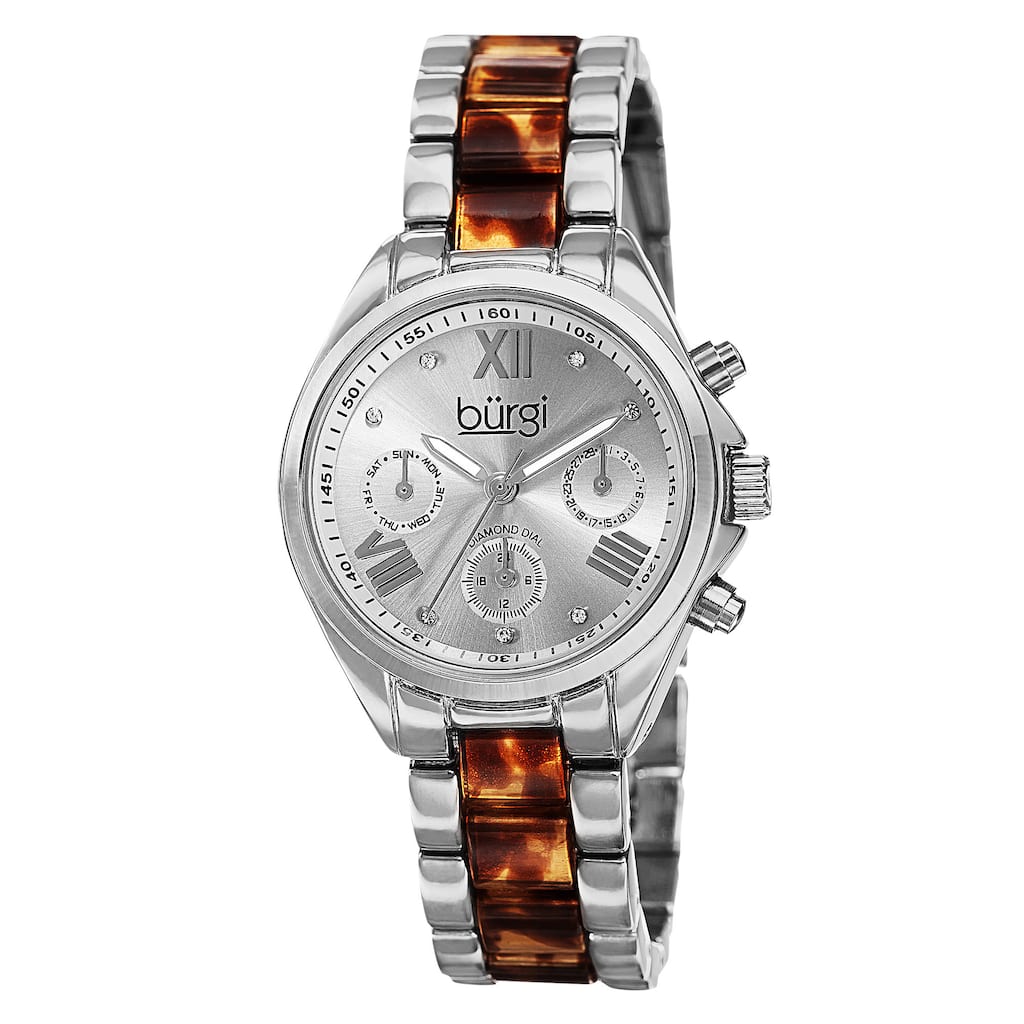 Burgi Women's Swiss Quartz Diamond Multifunction Dual-Time Silver-Tone Bracelet Watch