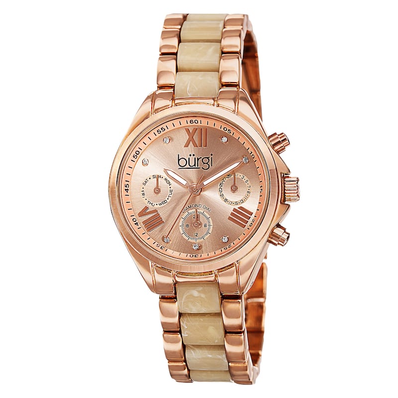 Burgi Women's Swiss Quartz Diamond Multifunction Dual-Time Rose-Tone Bracelet Watch
