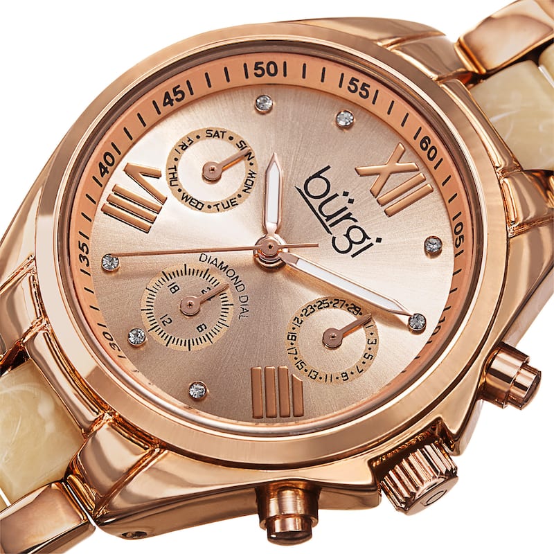Burgi Women's Swiss Quartz Diamond Multifunction Dual-Time Rose-Tone Bracelet Watch