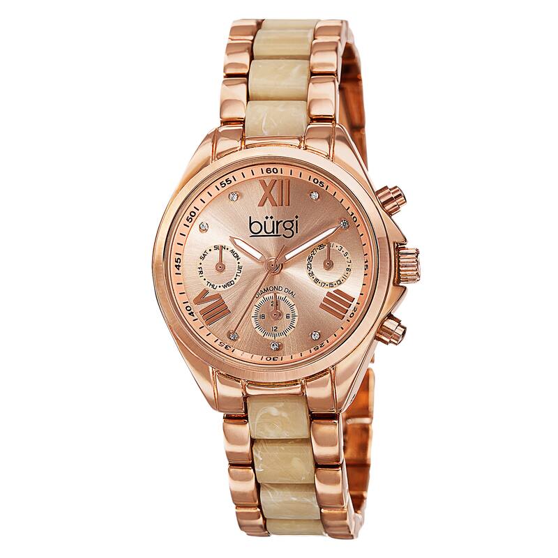 Burgi Women's Swiss Quartz Diamond Multifunction Dual-Time Rose-Tone Bracelet Watch