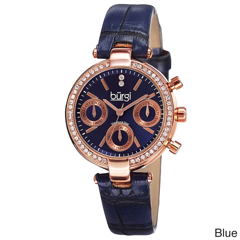 Burgi Women's Diamond Swiss Quartz Multifunction Dual-Time Leather Strap Watch
