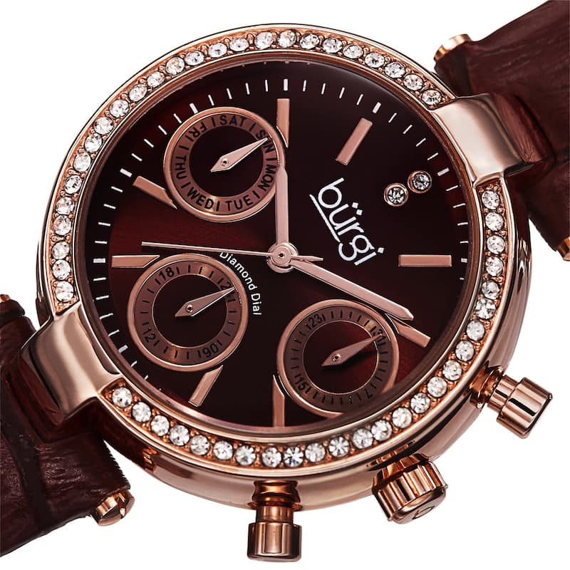 Burgi Women's Diamond Swiss Quartz Multifunction Dual-Time Leather Strap Watch