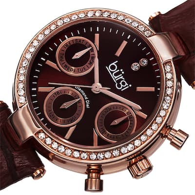 Burgi Women's Diamond Swiss Quartz Multifunction Dual-Time Leather Strap Watch
