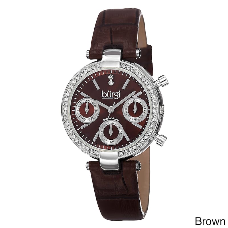 Burgi Women's Diamond Swiss Quartz Multifunction Dual-Time Leather Strap Watch