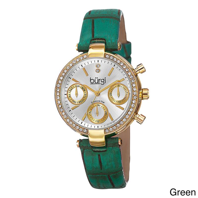 Burgi Women's Diamond Swiss Quartz Multifunction Dual-Time Leather Strap Watch - green