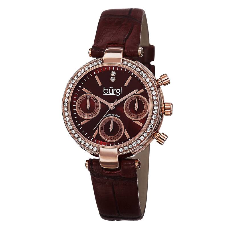 Burgi Women's Diamond Swiss Quartz Multifunction Dual-Time Leather Strap Watch