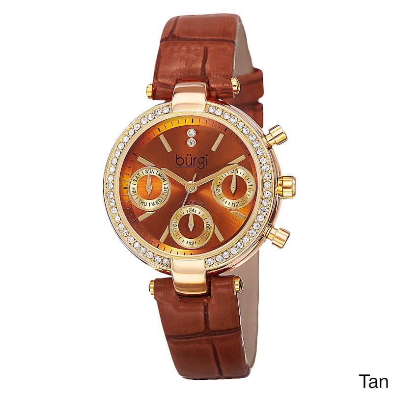 Burgi Women's Diamond Swiss Quartz Multifunction Dual-Time Leather Strap Watch