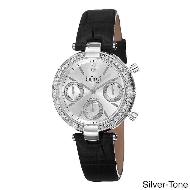 Burgi Women's Diamond Swiss Quartz Multifunction Dual-Time Leather Strap Watch - Silver Tone
