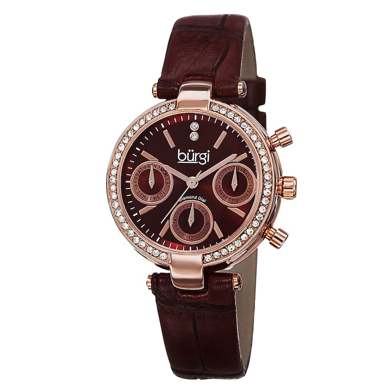 Burgi Women's Diamond Swiss Quartz Multifunction Dual-Time Leather Strap Watch - brown