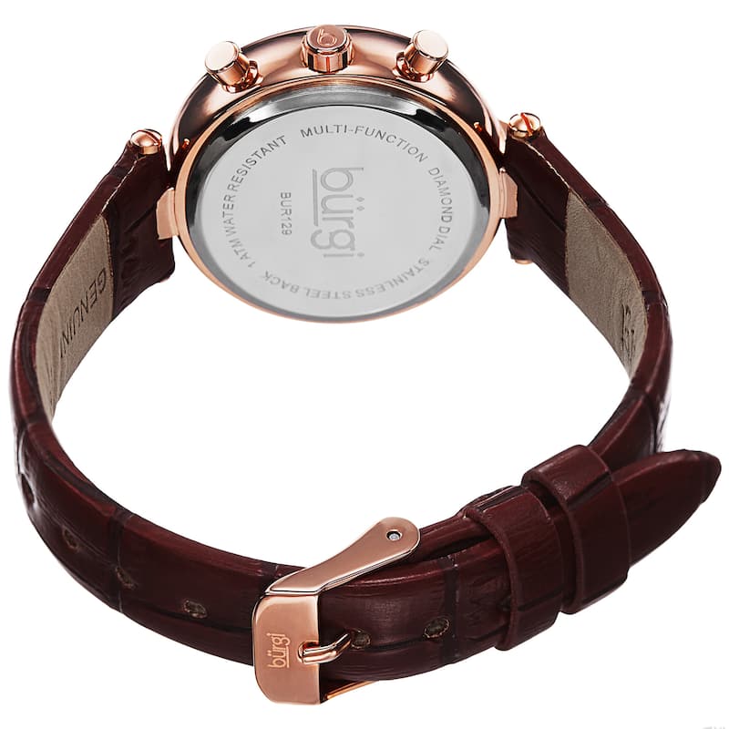Burgi Women's Diamond Swiss Quartz Multifunction Dual-Time Leather Strap Watch
