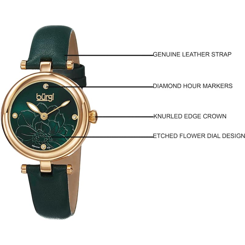 Burgi Women's Quartz Diamond Flower Dial Leather Green Strap Watch