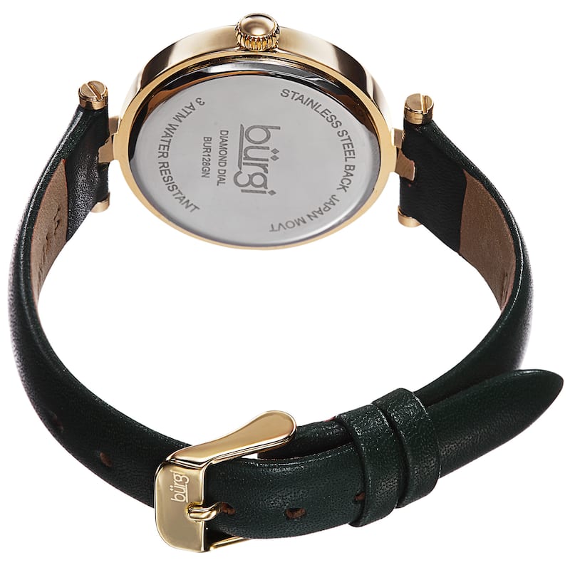 Burgi Women's Quartz Diamond Flower Dial Leather Green Strap Watch