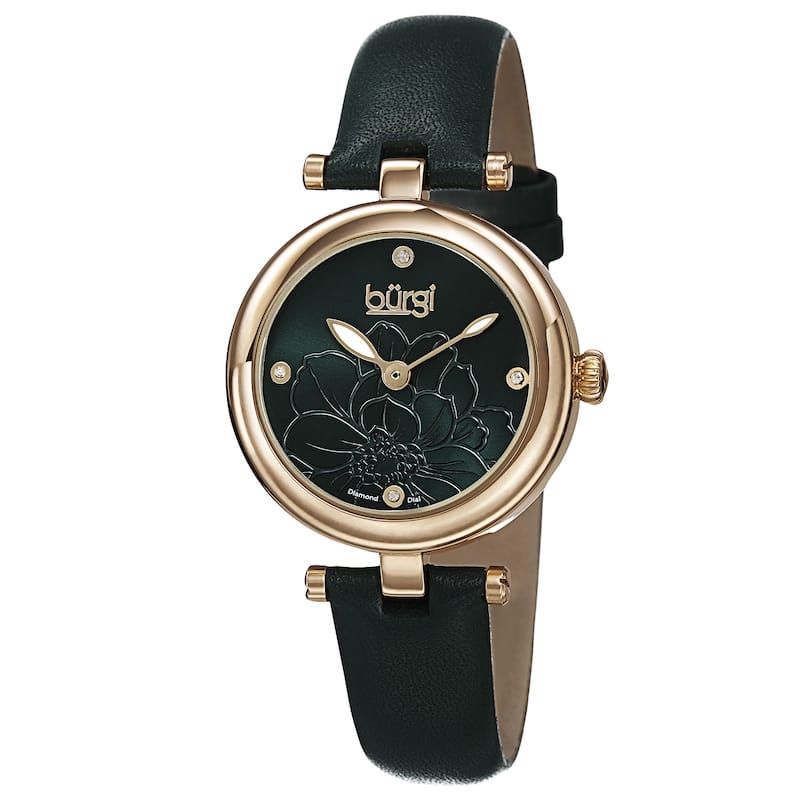Burgi Women's Quartz Diamond Flower Dial Leather Green Strap Watch