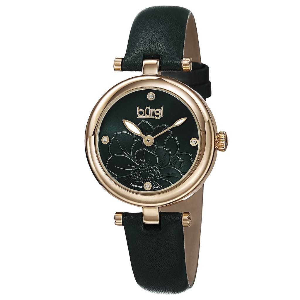 Burgi Women's Quartz Diamond Flower Dial Leather Green Strap Watch