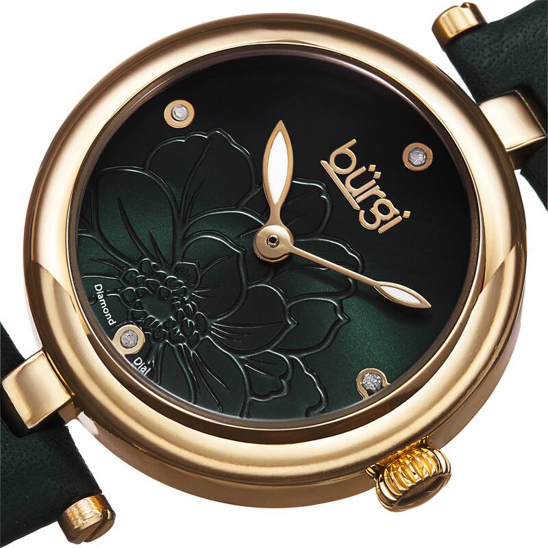 Burgi Women's Quartz Diamond Flower Dial Leather Green Strap Watch