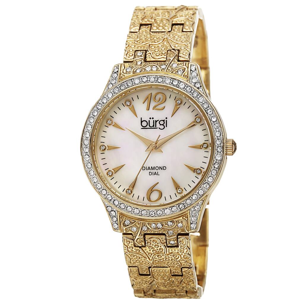 Burgi Women's Diamond Markers Mother of Pearl Quartz Gold-Tone Bracelet Watch