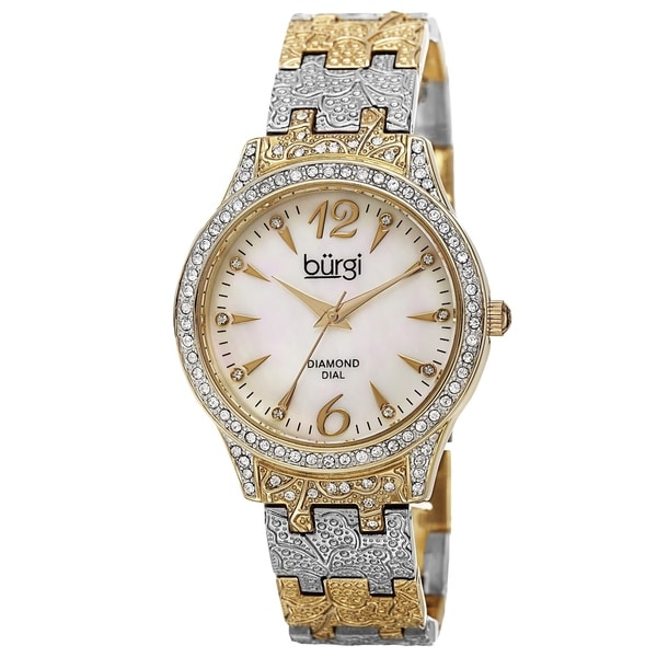 Burgi Women's Diamond Markers Mother of Pearl Quartz Two-Tone Bracelet Watch with FREE Bangle