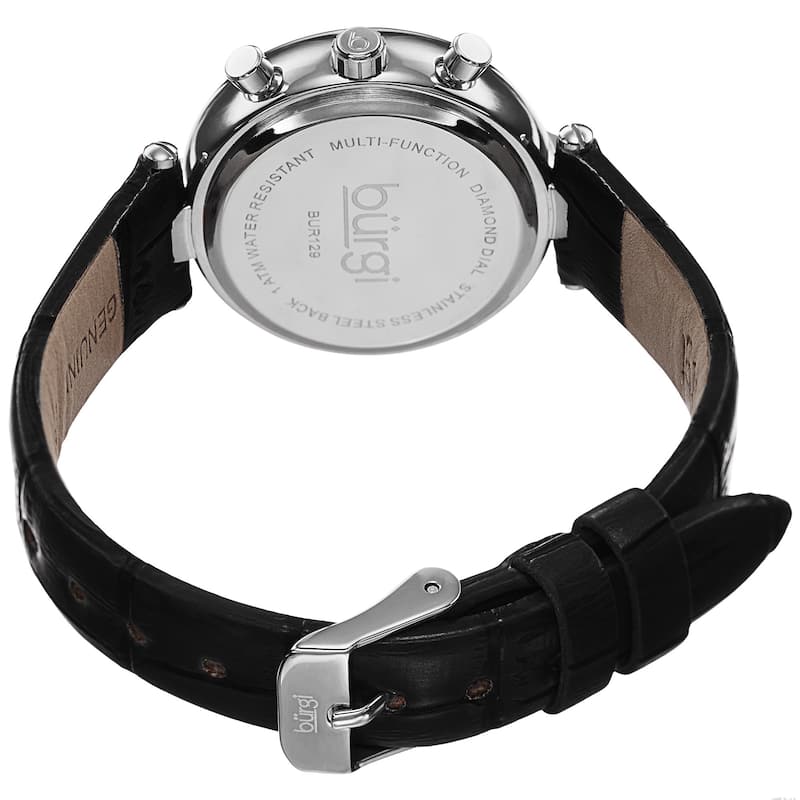 Burgi Women's Diamond Swiss Quartz Multifunction Dual-Time Leather Silver-Tone Strap Watch