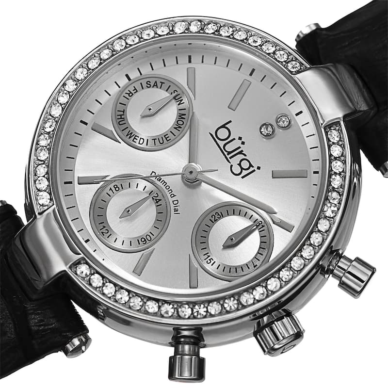 Burgi Women's Diamond Swiss Quartz Multifunction Dual-Time Leather Silver-Tone Strap Watch