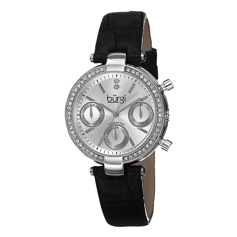 Burgi Women's Diamond Swiss Quartz Multifunction Dual-Time Leather Silver-Tone Strap Watch