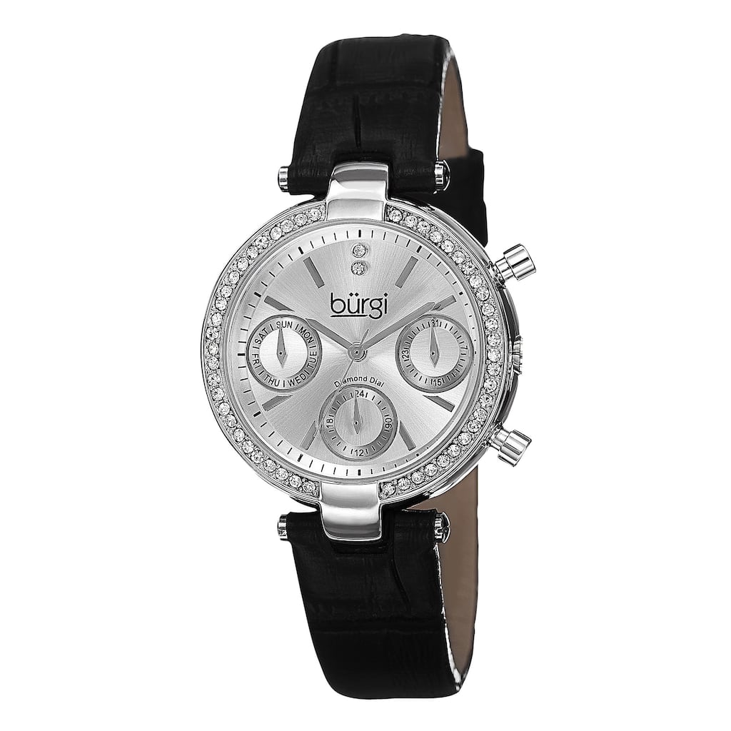 Burgi Women's Diamond Swiss Quartz Multifunction Dual-Time Leather Silver-Tone Strap Watch