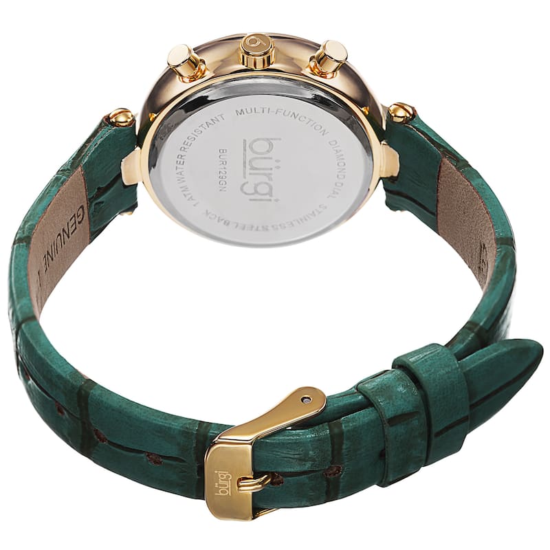 Burgi Women's Diamond Swiss Quartz Multifunction Dual-Time Leather Green Strap Watch