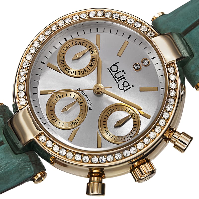 Burgi Women's Diamond Swiss Quartz Multifunction Dual-Time Leather Green Strap Watch