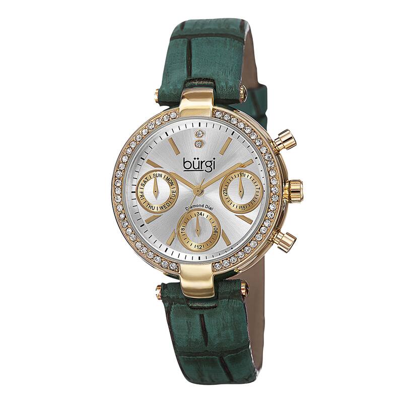 Burgi Women's Diamond Swiss Quartz Multifunction Dual-Time Leather Green Strap Watch