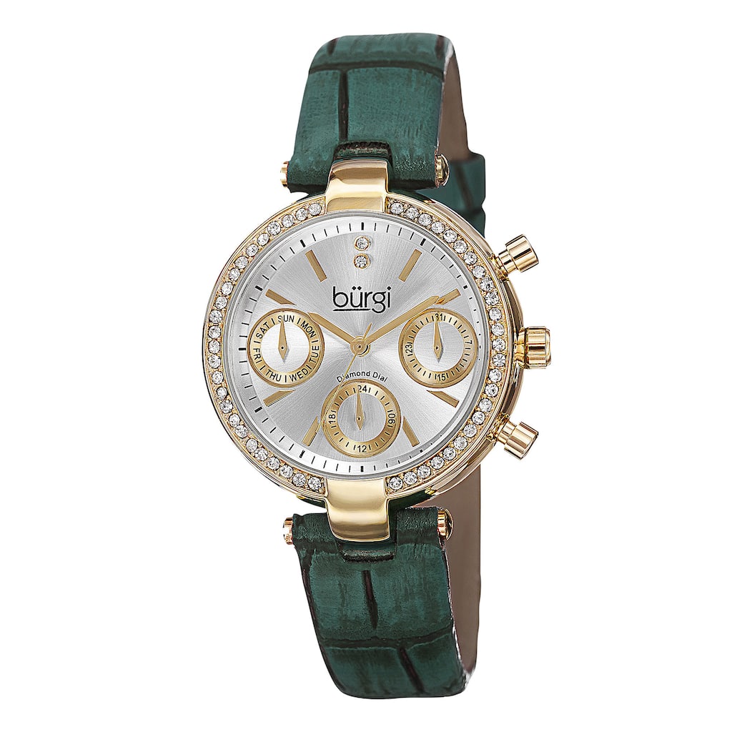 Burgi Women's Diamond Swiss Quartz Multifunction Dual-Time Leather Green Strap Watch