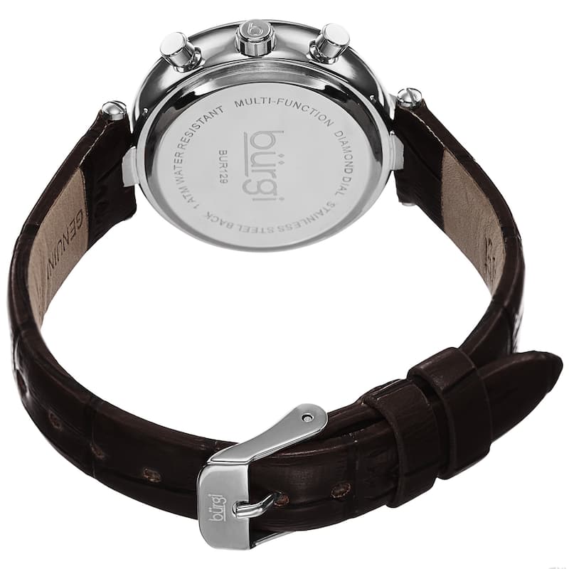 Burgi Women's Diamond Swiss Quartz Multifunction Dual-Time Leather Brown Strap Watch