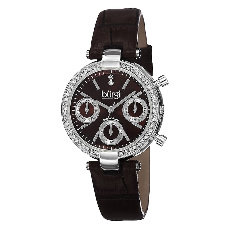 Burgi Women's Diamond Swiss Quartz Multifunction Dual-Time Leather Brown Strap Watch