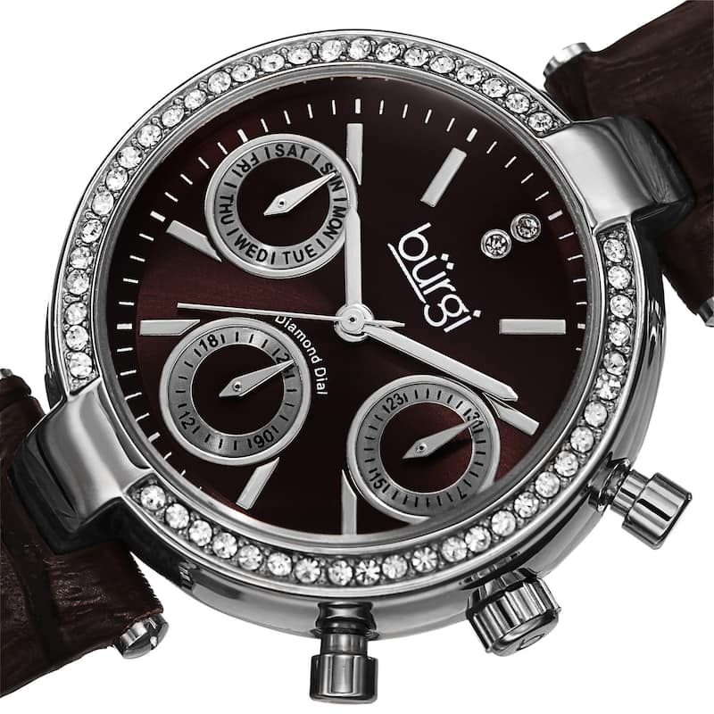 Burgi Women's Diamond Swiss Quartz Multifunction Dual-Time Leather Brown Strap Watch