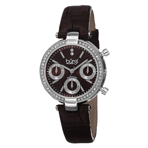 Burgi Womens Diamond Swiss Quartz Multifunction Dual Time Leather