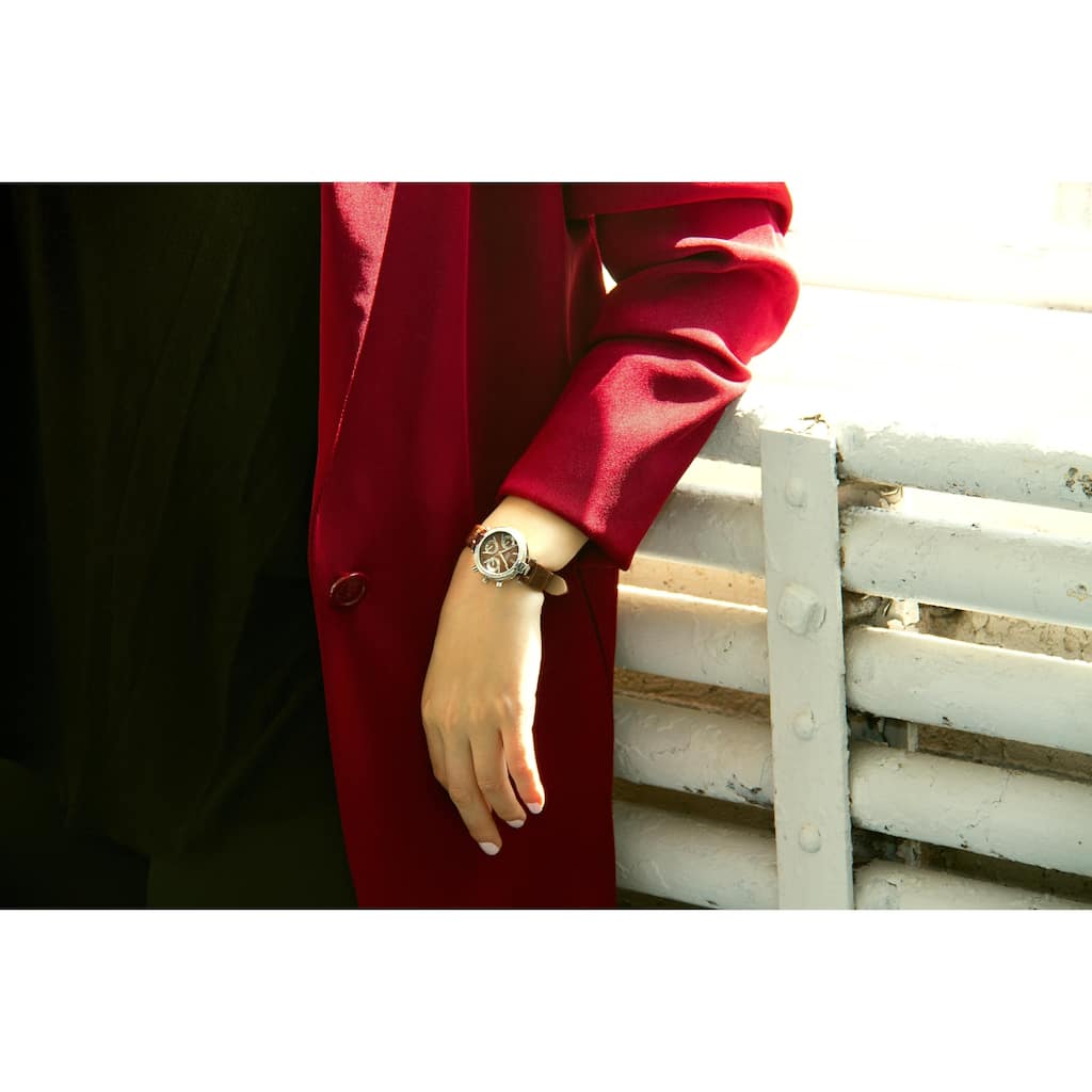 Burgi Women's Diamond Swiss Quartz Multifunction Dual-Time Leather Brown Strap Watch