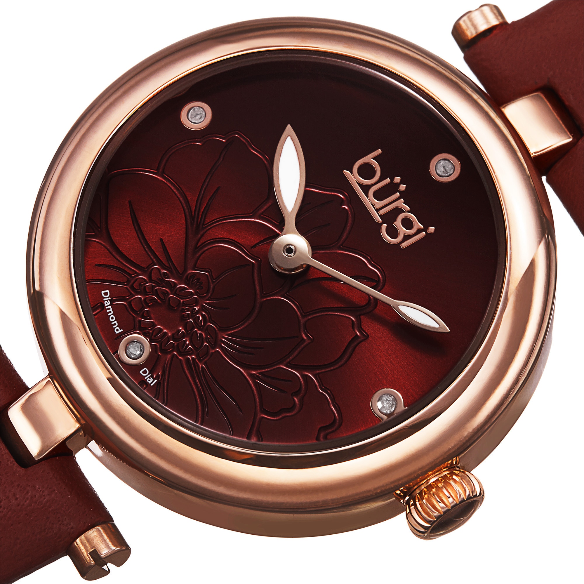 Burgi Women's Quartz Diamond Markers Etched Flower Dial