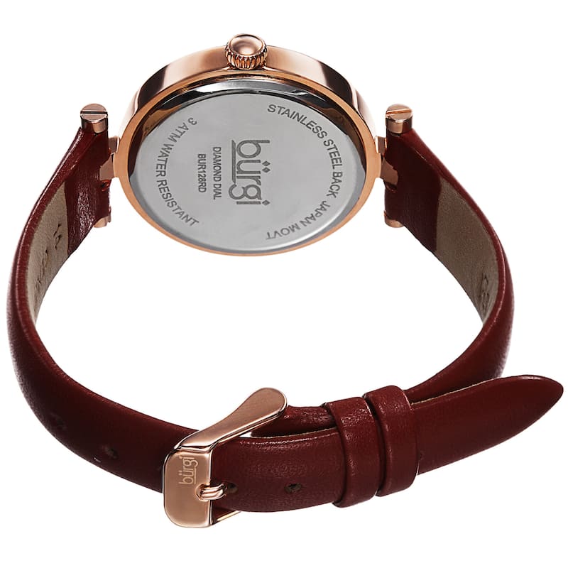 Burgi Women's Quartz Diamond Markers Etched Flower Dial Leather Red Strap Watch