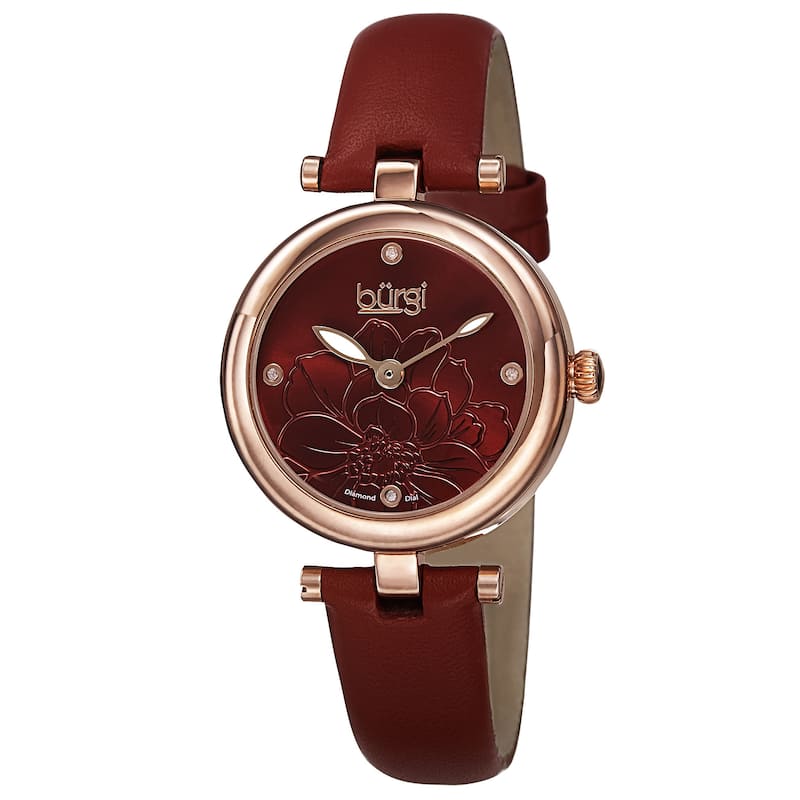 Burgi Women's Quartz Diamond Markers Etched Flower Dial Leather Red Strap Watch