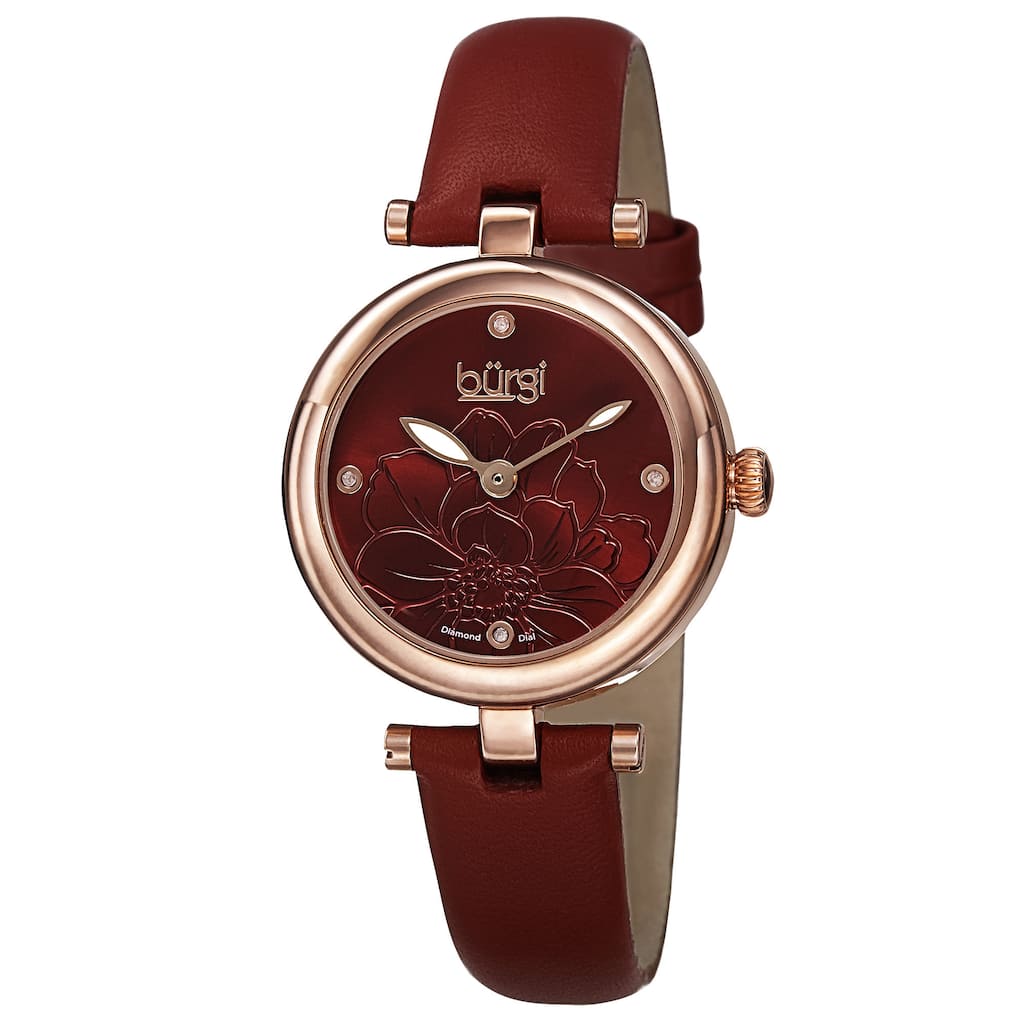 Burgi Women's Quartz Diamond Markers Etched Flower Dial Leather Red Strap Watch