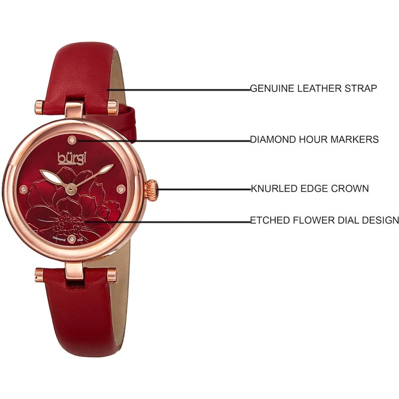 Burgi Women's Quartz Diamond Markers Etched Flower Dial Leather Red Strap Watch