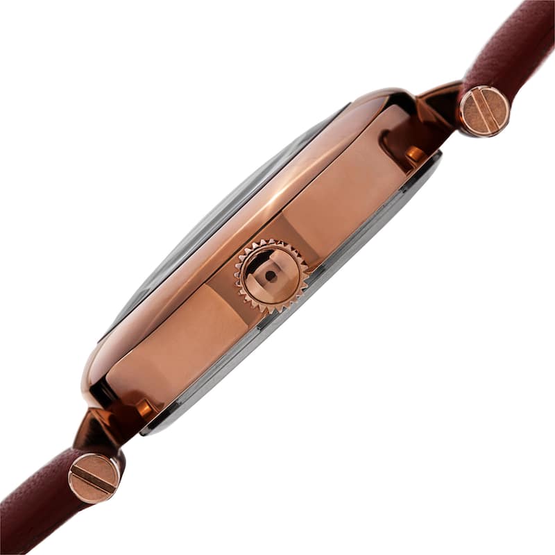 Burgi Women's Quartz Diamond Markers Etched Flower Dial Leather Red Strap Watch