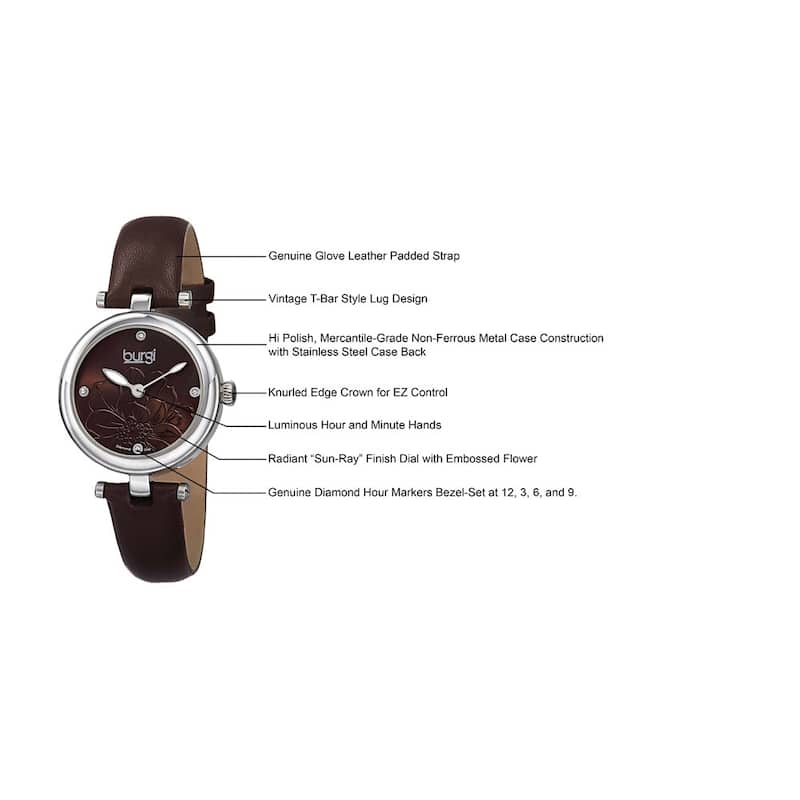 Burgi Women's Quartz Diamond Markers Etched Flower Dial Leather Brown Strap Watch