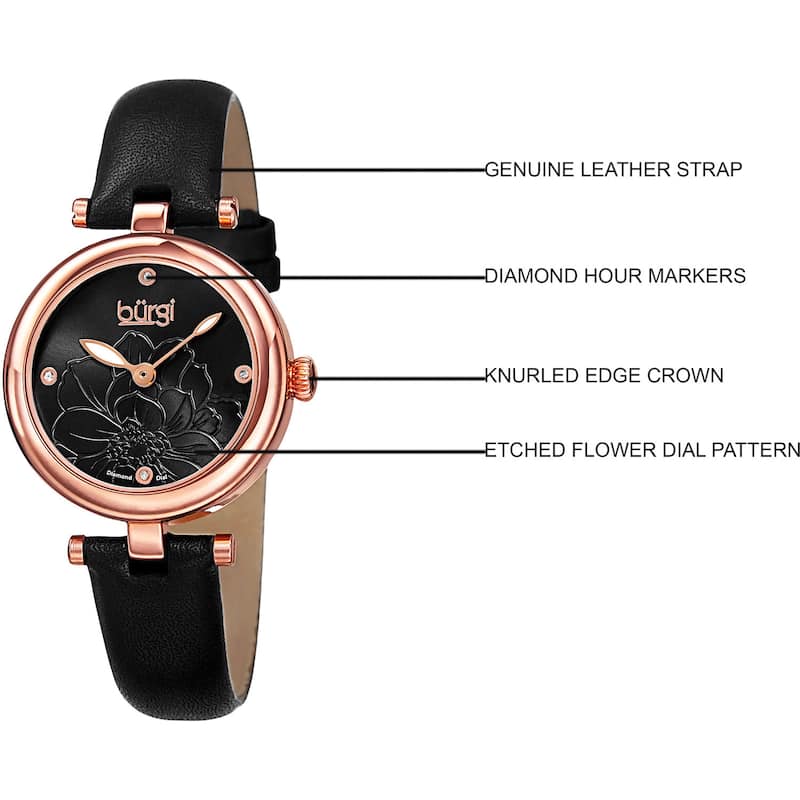 Burgi Women's Quartz Diamond Markers Etched Flower Dial Leather Black Strap Watch