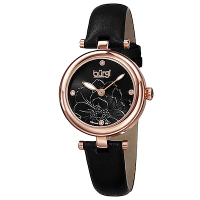Burgi Women's Quartz Diamond Markers Etched Flower Dial Leather Black Strap Watch